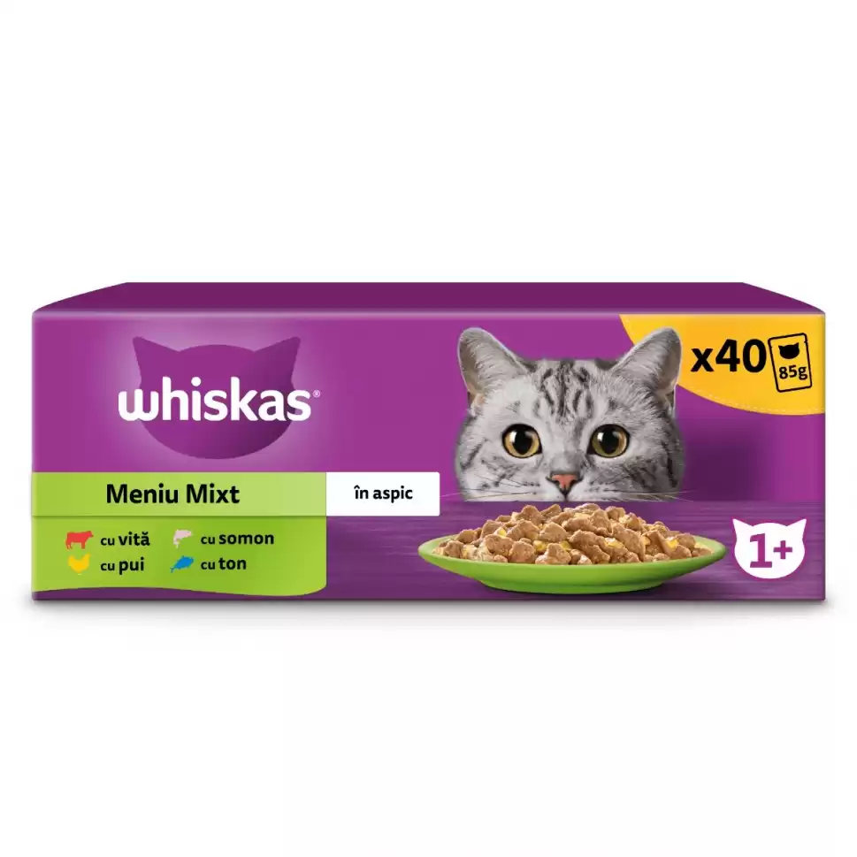WHISKAS Selectii Mixte, Vită, Pui, Somon și Ton, plic hrană umedă pisici, (în aspic), multipack, 40x85g