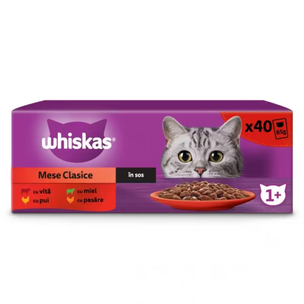 Whiskas Hrana umeda pentru pisici, selectii clasice in sos de carne, Vita, Pui, Miel si Pasare, 40x85 g
